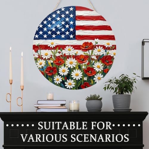 4th of July Patriotic American Flag Wooden Door Sign Round Hanging Wall Decor with Daisy Flowers Designs 2D Wood Independence Day Door Hanger Decoration for Home, Porch, Farmhouse - Image 5