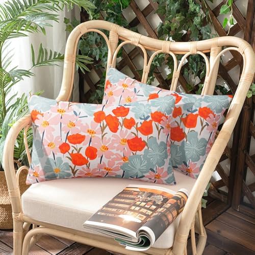 Pyonic Floral Outdoor Lumbar Pillows Covers 12x20 inch Waterproof Spring Summer Decor Outdoor Pillows for Patio Furnture Garden Bench Porch - Image 2