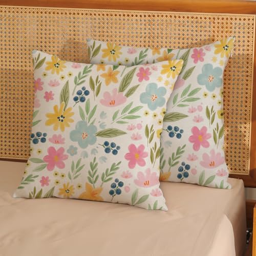 Outdoor Pillow Covers 16x16 Inch 2 Pcs Watercolor Pink Green Flower Spring Decor Throw Pillows Vintage Floral Summer Outdoor Seasonal Decoration Pillowcase Linen Cushion Cover for Couch Sofa - Image 2
