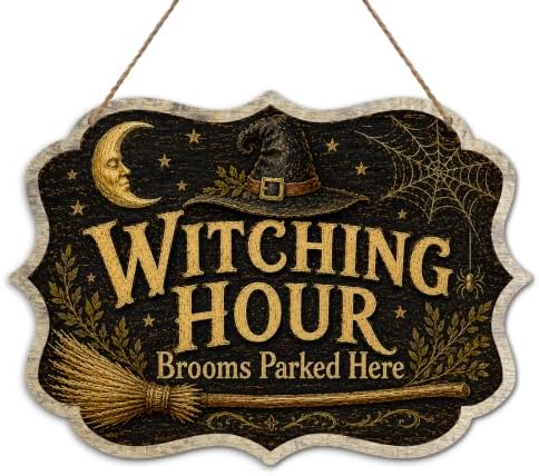 Vintage Witching Hour Wooden Sign with Hanging Rope 8.5x12 Inch Halloween Witch Hat Broom Crescent Moon Gothic Wall Plaque Spooky Farmhouse Decor for Front Door Porch Outdoor Wall Hanging Art（A03） by VZVCTFS