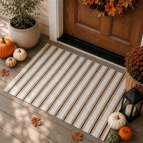 Moucuny 2' X 3' Khaki Black White Fall Vertical Stripe Outdoor Rug - Image 6
