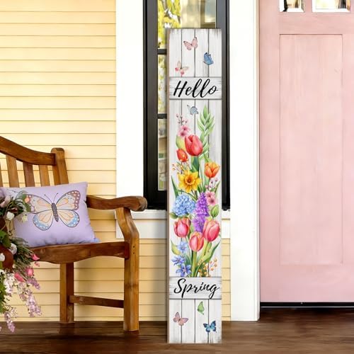 Hello Spring Porch Sign Tulip Butterflies Welcome Sign Rustic Vertical Standing Sign For Front Porch Decor Farmhouse Hanging Wall Sign for Patio Yard Party Indoor Outdoor Decoration 47.2"H - Image 2