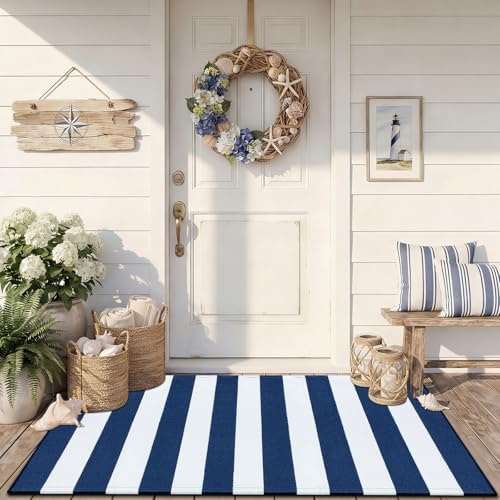 Duraaamo Nautical Navy White Stripe Outdoor Rug 2.3' X 3.6' for Front Porch by Duraaamo