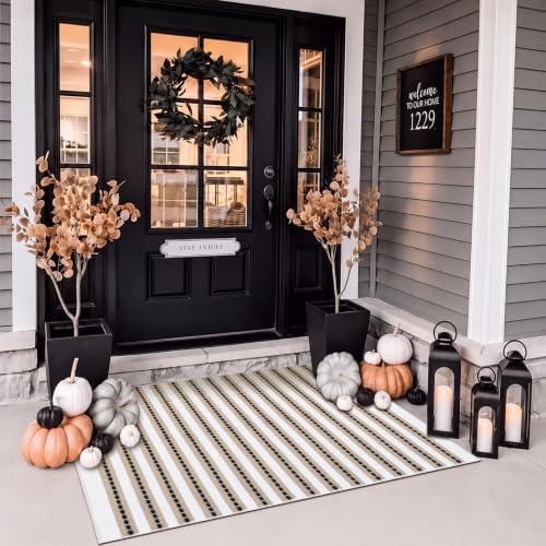 Moucuny 2'4'' X 3'7'' Khaki Black White Fall Vertical Stripe Outdoor Rug - Image 4