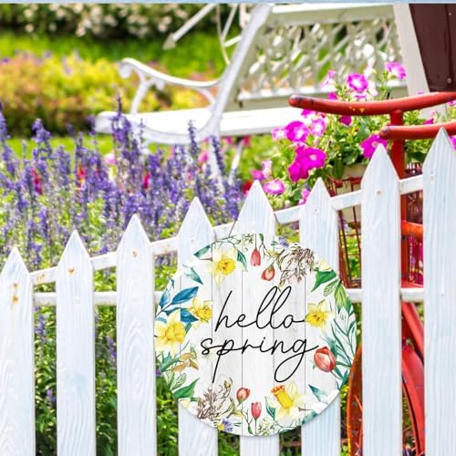 Hello Sign for Front Door Decor, Spring Flowers Wooden Sign Indoor Wall Hanging Decor Round Hanging Decoration for Home Front Door Porch - Image 7