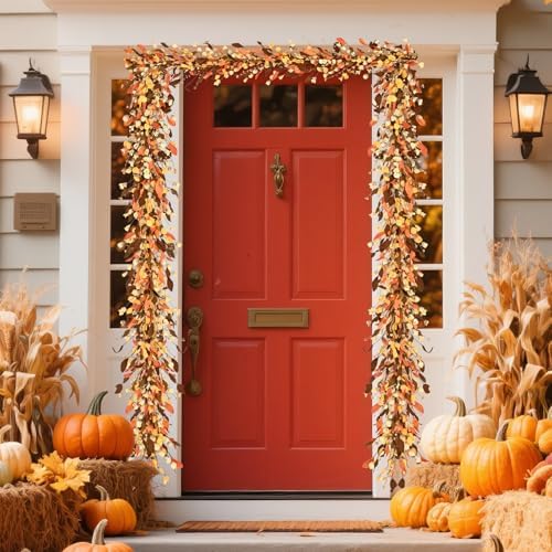 Fall Decor, Fall Garland with Lights, 9FT Autumn Eucalyptus Leaves Lighted Garland Thanksgiving Harvest Festival Decorations for Home Mantle Porch Outdoor Indoor Wedding Table Wall Arch Decor - Image 3