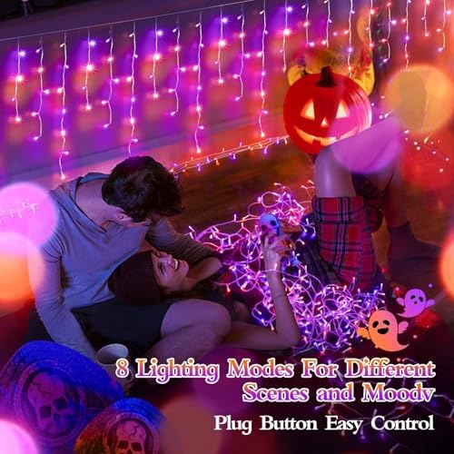 JXLEDAYY 65 FT 640 LED Halloween Lights Outdoor Decorations Clear Wire String Lights Plug in 120 Drops 8 Modes Memory Timer Curtain Fairy Lights Waterproof for Holiday Wedding Party-Orange and Purple - Image 4