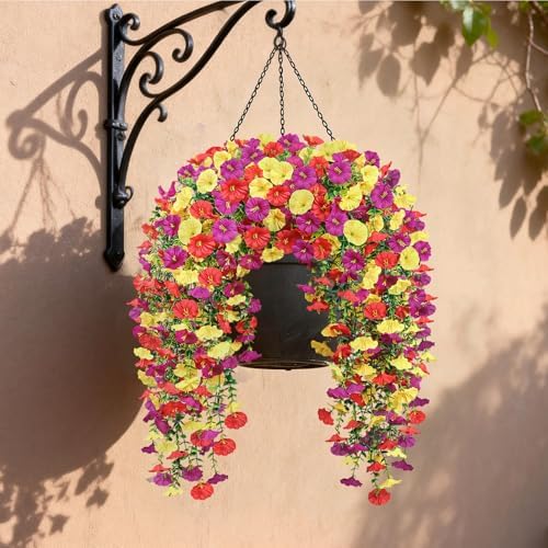 Artificial Hanging Flowers for Outdoors, 4 PCS 600 Blooms UV Resistant Morning Glory Faux Silk Vines, No-Odor Realistic Fake Plants for Garden Planter Porch Patio Decoration, Purple & Yellow & Red - Image 7