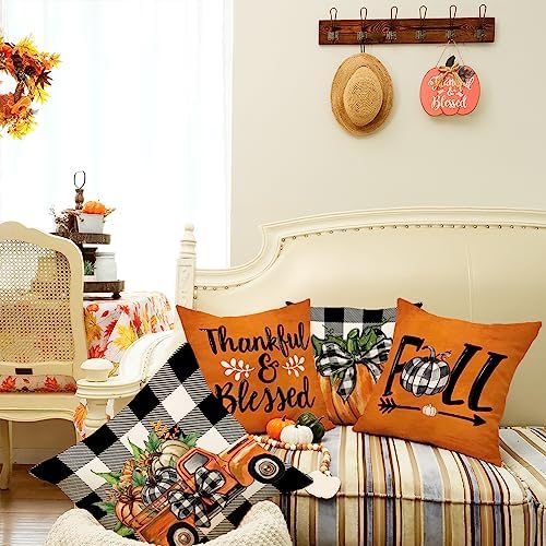 GEEORY Fall Decorative Throw Pillow Covers 16 x 16 Inch Set of 4, Pumpkins Thankful Blessed Buffalo Plaid Fall Decor Outdoor Farmhouse Pillow Cases for Home Couch (Orange Color) G337-16 - Image 6