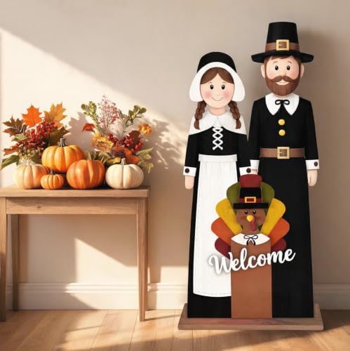 Fall Welcome Sign for Front Door, 36" Thanksgiving Pilgrim Couple with Turkey, Wooden Standing Sign, Autumn Front Porch Decor for Outdoor Indoor Yard Garden - Image 5