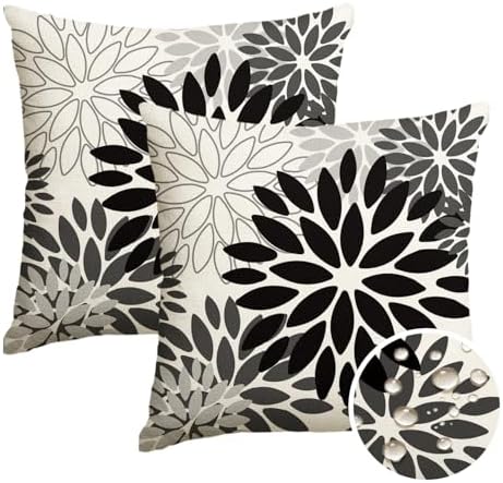 AVOIN colorlife Dahlia Flowers Black Waterproof Outdoor Throw Pillow Covers, 18 x 18 Inch Outdoor Summer Cushion Case Decoration for Patio Garden Porch Set of 2 by AVOINcolorlife