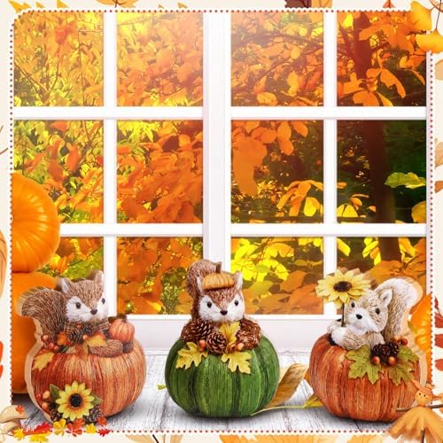 DoubleFill 3 Pcs Fall Squirrels Pumpkins Figurines Wooden Table Decor - Image 6