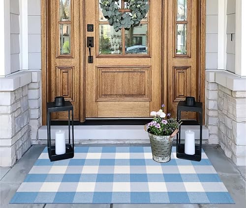 Light Blue and White Layered Doormat 27.5"x43.3",Buffalo Plaid Outdoor Rug - Image 5