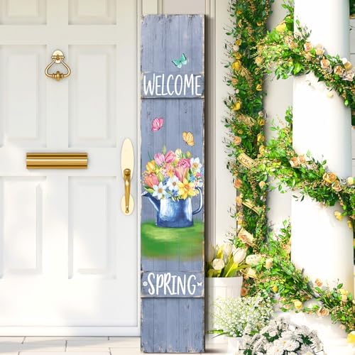 47" Spring Porch Sign Wooden Flower Butterfly Sign for Front Porch Spring Vertical Welcome Wood Signs for Front Standing Vertical Rustic Patio Door Decor for Farmhouse Door Home Entryway - Image 7