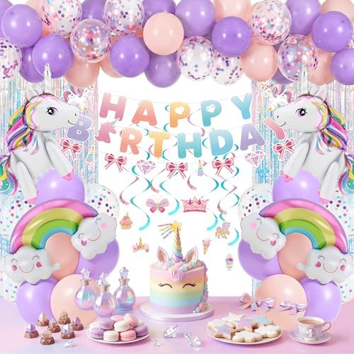 JOYIN Unicorn Magical Rainbow Birthday Party Decorations, 76PCS Unicorn Party Supplies with Banner, Foil & Latex Balloons, Spiral Swirls and Tinsel Curtains for Baby, Boys, Girls, Men & Women by JOYIN