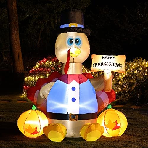yosager Thanksgiving Inflatable Decorations, 6FT Lighted Happy Thanksgiving Inflatables Turkey with Pilgrim Hat, Blow Up with LED Lights, for Autumn Holiday Outdoor Home Lawn Garden Party Decor - Image 3