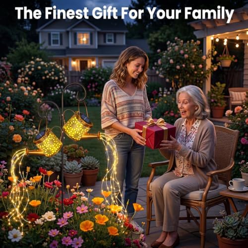 2 Pack Solar Watering Can Lights Garden Decor, LED Metal Waterproof Hanging Lantern with Cascading Lights for Patio Yard Lawn Outdoor Pathway Decoration, Gardening Gifts for Women Mom Grandma Birthday - Image 7