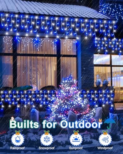 106 FT Christmas Lights Outdoor, 972 LED Waterproof Outside Christmas Lights Plug in, Connectable 8 Modes Hanging Fairy Lights with 216 Drops for House Eaves Yard Patio Blue and White - Image 4