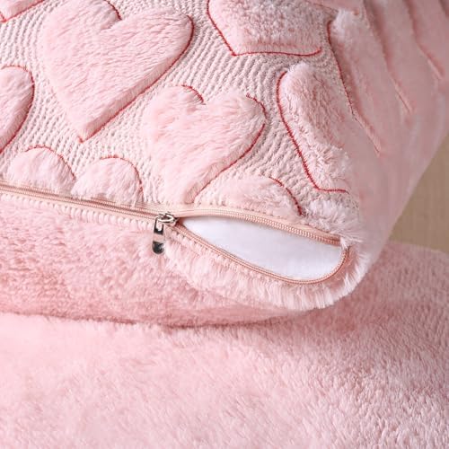 Softalker Pink Heart Pillow Covers 20 x 20 Inch Set of 2, Spring Summer Soft Faux Fur Cushion Covers, 3D Embroidered Pillow Cases for Sofa, Couch, Bedroom - Image 4