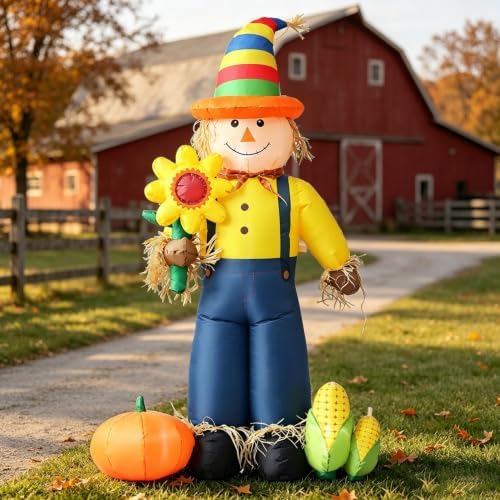 DomKom 6FT Fall Inflatable Scarecrow, Cute Scarecrow Hold Sunflower with Corn and Pumpkin, Harvest Thanksgiving Blow Up Decorations, Built-in LEDs for Holiday Party, Garden, Lawn, Yard, Patio Décor - Image 2
