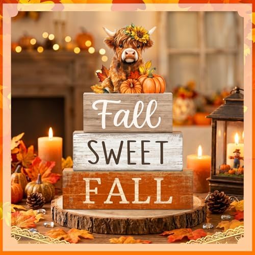 Moucuny 4 Pcs Fall Wooden Block Signs, Highland Cow Tiered Tray Farmhouse - Image 6