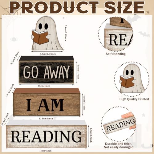 Moucuny 4 Pcs Halloween Table Decor Wooden Ghost Reading Stacked Block Sign - Image 3
