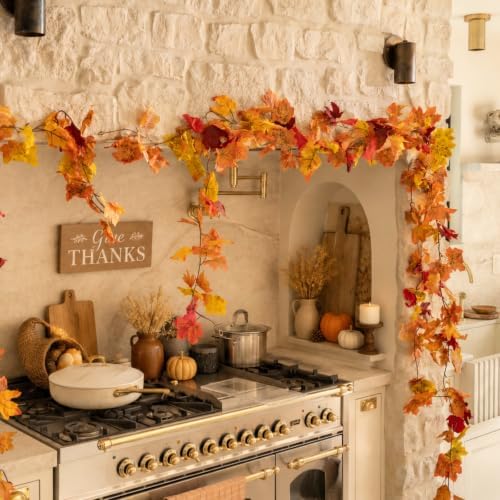 CQURE 8 Pack Fall Leaf Garland, Total 47.2Ft Artificial Fall Maple Leaves Autumn Vines Garland Thanksgiving Decor for Home Fireplace Party - Image 4