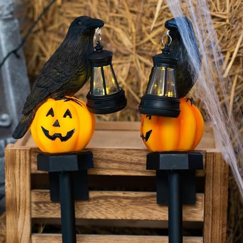 Dazzle Bright 2 Pack Halloween Crow Pathway Lights Outdoor, Solar Powered Resin Crow with Pumpkin Walkway Lights, Stake Light for Halloween Pathway Garden Lawn Yard Gifts Decoration - Image 5