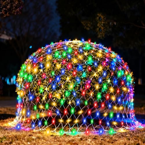 (Upgraded) Outdoor Christmas Lights, 360 LED Sturdy Christmas Net String Lights, 12x5Ft 8 Light Modes Christmas Decoration Lights for Backyards, Gardens, Bushes, Lawns, Patio, New Year - Multicolored by FUNIAO
