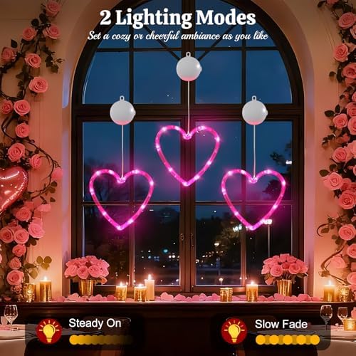 Lewondr 3Pcs Valentines Day Window Lights with 2 Lighting Modes, Pink - Image 2