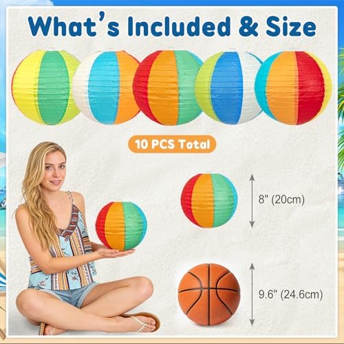 Beach Ball Paper Lanterns, 10-Pc 8 Inch Summer Hanging Decorations - Image 5