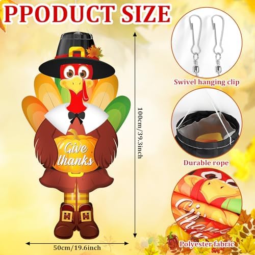 2 Pcs Thanksgiving Turkey Windsocks Thanksgiving Decorations Outdoor Hanging Wind Sock for Outside Yard Garden Tree Patio Lawn Front Door Porch Flag Decor Fall Party Autumn Festival Windsock - Image 2