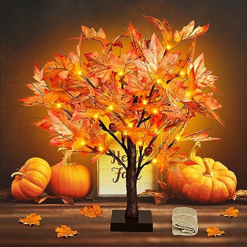 Remon 18 Inch Lighted Fall Maple Tree - 1.5FT Thanksgiving Tabletop Lamp Decor with 36 LED Lights, 72 Maple Leaves, 6 Acorns, Timer Function, Battery Operated Fall Artificial Tree with Burlap Base by Remon