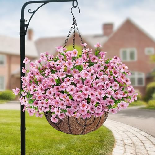 Artificial Fake Hanging Flowers Plants Basket for Outdoors Outside Spring Decoration,Hanging Planters with Faux Silk Flowers Realistic UV Resistant for Balcony Porch Patio Garden Fron Home Decor（Pink） - Image 6