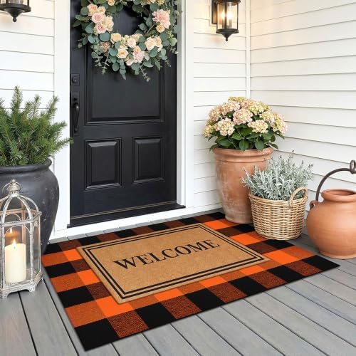 KOZYFLY Buffalo Plaid Rugs 2.3x3.6 ft Halloween Orange Black Front Door Mat - Image 2