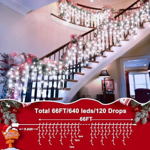 XURISEN 66ft 640 LED Christmas Lights Outdoor with 120 Drops, 8 Modes Curtain Fairy Lights Plug in Waterproof Timer Memory Function String Lights for Christmas Holiday Wedding Party Decor(Cool White) - Image 5
