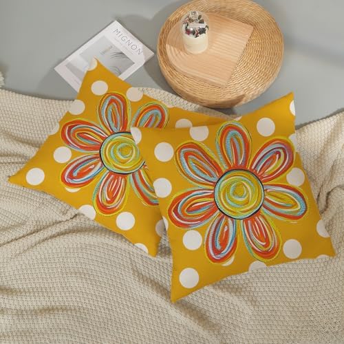 Summer Pillow Covers 16x16 Inch Set of 2 Polka Dots Watercolor Yellow Sunshine Flower Decorative Throw Pillows Boho Outdoor Sun Pillowcase Linen Farmhouse Cushion Case Decor for Home Bedroom - Image 6