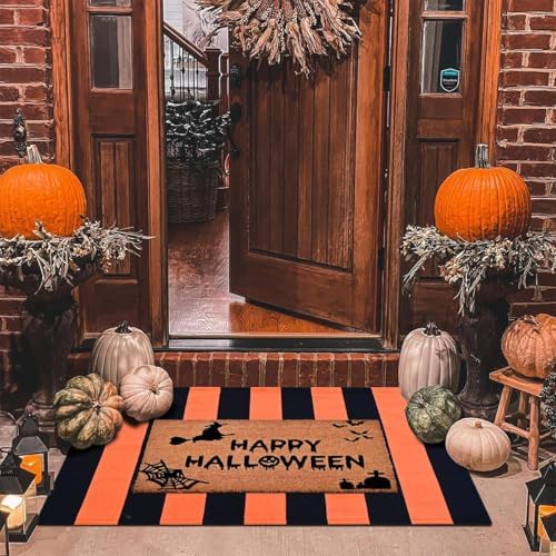 Halloween Decor Doormat Combo Set, 100% Coco Coir Welcome Mat + 3' x 5' Orange and White Striped Rug - Halloween Fall Front Porch Entryway Decor Floor Mat, Outdoor Autumn Mats Happy Halloween - Image 5