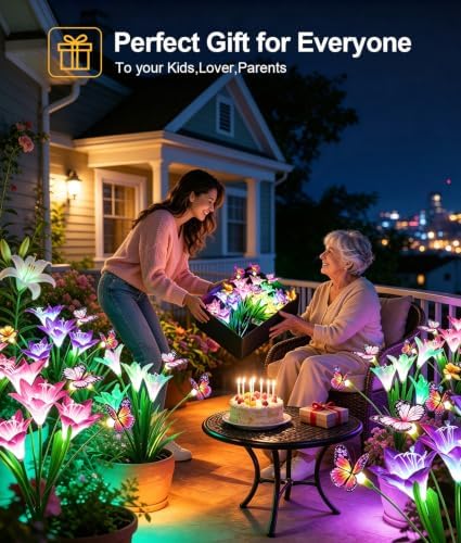 KOOPER Solar Lights Outdoor Garden Decor 4 Pack, 16 Lily Flowers and 12 Swaying Butterflies, IP65 Waterproof 7 Color Changing Solar Flower Lights for Yard Patio Pathway, Gifts for Mom Women Grandma - Image 7