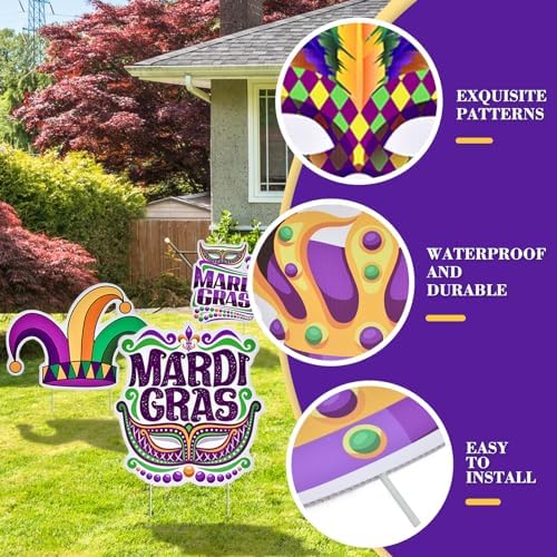 10 Pieces Mardi Gras Decorations Outdoor Yard Garden Porch Sign - Large Festive Mask, Jester, Crown, Drum, and Hat Masquerade Design Signs with Stakes for Outside Carnival Patio Pathway Lawn Decor - Image 3