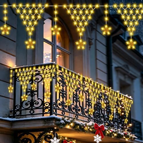 Outdoor Christmas Lights, 13.8ft 218 LED String Lights, Icicle Lights, Curtain Net Lights for Eaves, Garden, Patio, Wedding, Balcony, New Year, Home Decoration - Warmwhite by FUNIAO