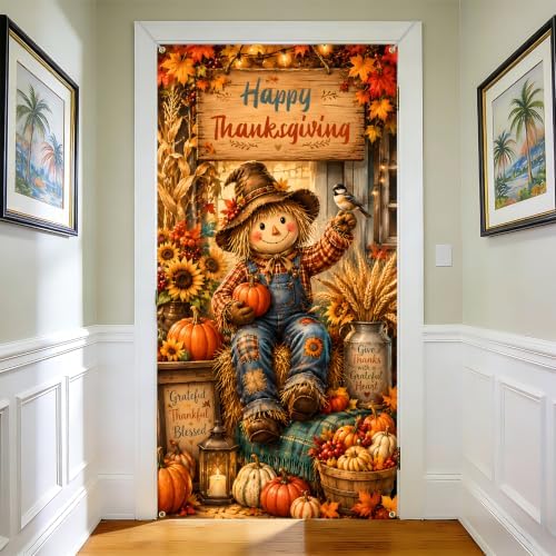 NYZE Happy Thanksgiving Scarecrow Door Cover, Fall Harvest Pumpkin Sunflower Door Banner, Autumn Maple Leaf Farmhouse Porch Decor for Thanksgiving Indoor Outdoor - Image 4