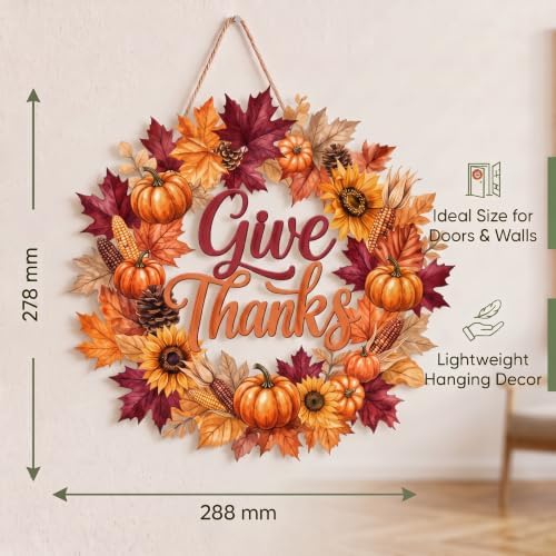 Yalikop Thanksgiving Door Sign Wreath Wooden Fall Give Thanks Hanging Sign Autumn 3D Hollow Maple Leaf Pumpkin Front Door Hanger Wall Decor for Harvest Porch Indoor Outdoor Home Decorations - Image 2
