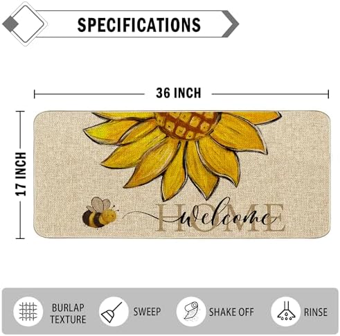 Sunflower Welcome Doormat 17"x36", Non Slip Door Mat Indoor Entrance, Hello Indoor Front Door mat, Spring Summer Outdoor Entrance Mat, Low Profile Design Patio Porch Entryway Mats - Image 3
