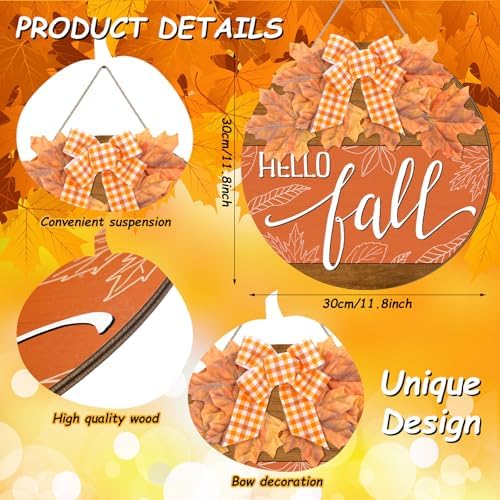 Moucuny Hello Fall Door Sign, 11.8 in Wooden Welcome Wreath with Bow - Image 2
