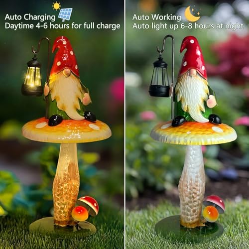 HONGLAND Solar Garden Gnomes Outdoor Statue, Waterproof Outdoor Mushroom Decor with Solar Lantern LED Lights for Yard, Patio, Lawn Ornaments, Ideal Gifts for Mom Grandm, Housewarming Gifts-16.5" - Image 5