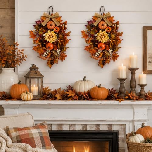 2 PCS 24'' Fall Teardrop Swags for Door Autumn Floral Pumpkins Swag Wreaths - Image 5