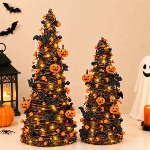 2Pack Lighted Halloween Tabletop Trees with Timer, Pumpkin Bat Decor by CRCZK