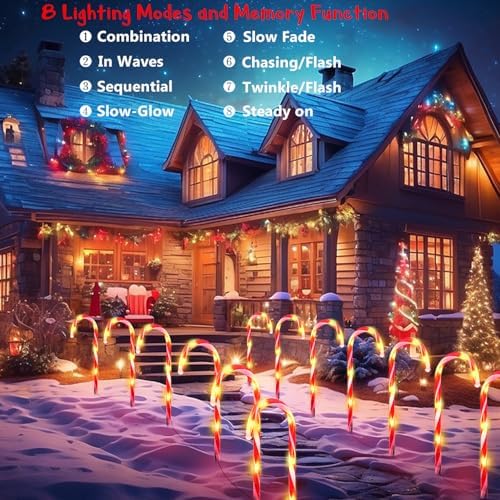 24 Pack Christmas Candy Cane Lights, Christmas Decorations Outdoor Waterproof with 8 Lighting Modes & Memory Function, Plug in Pathway Light for Outside Path Walkway Party Garden Yard Patio Xmas Decor - Image 3