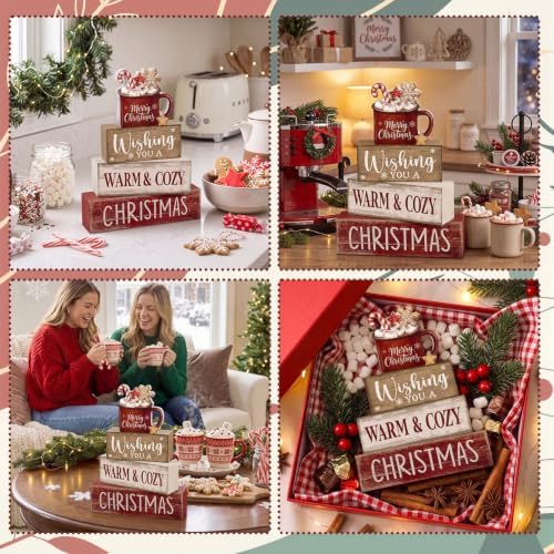 Moucuny 4 Pcs Christmas Coffee Table Decor for Home Kitchen, Wooden Cocoa - Image 6